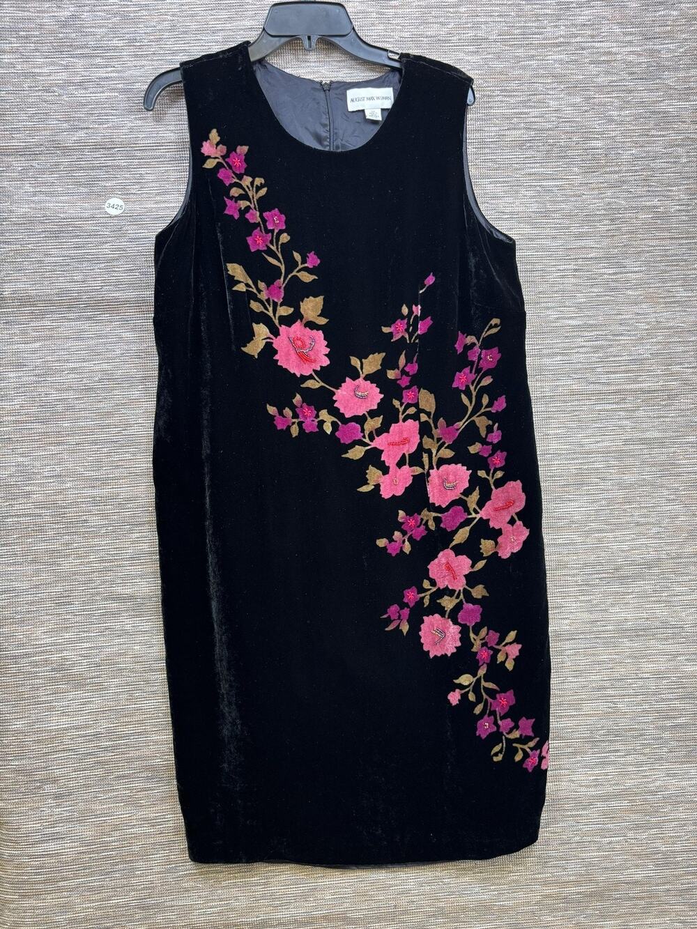 August Max Woman Dress Womens 14W Black Velvet Floral Sheath Knee Length Party